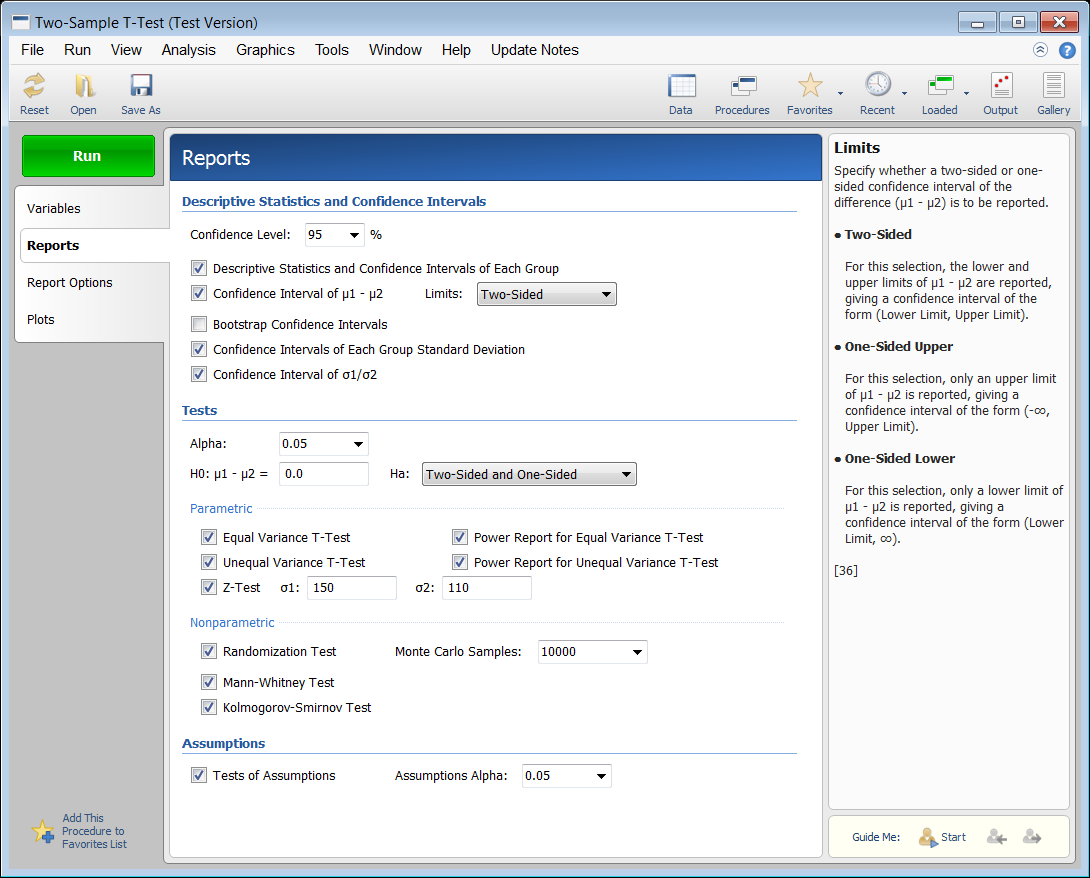 Two-Sample T-Test Reports Tab Two-Sample T-Test Reports Tab