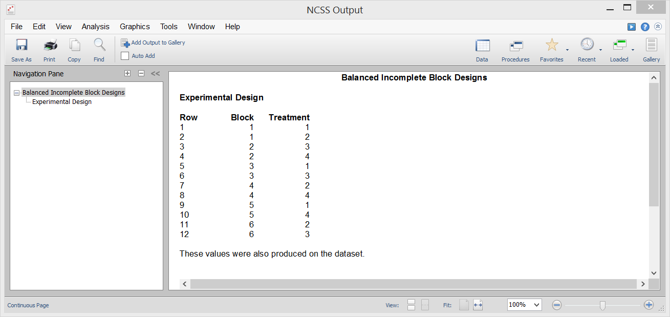 Balanced Incomplete Block Designs - Sample Output