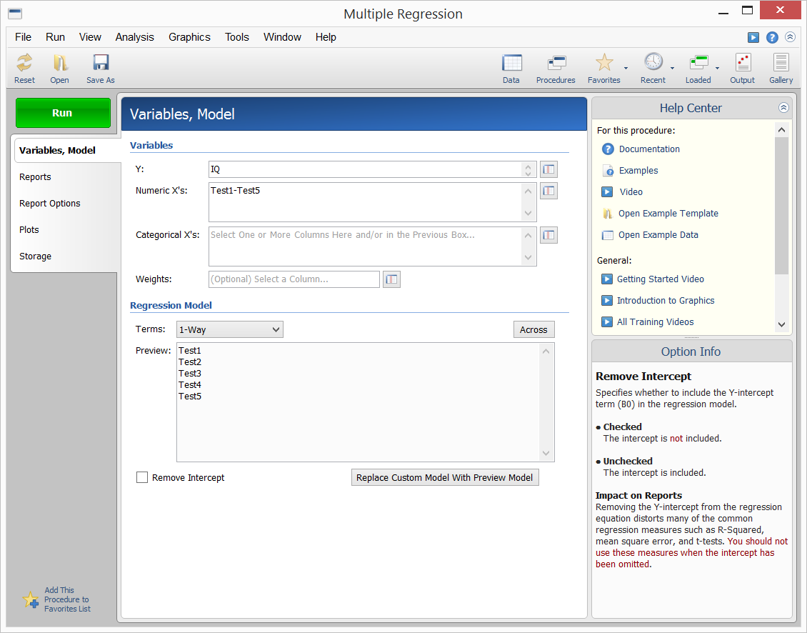 Multiple Regression - Procedure Window Multiple Regression - Procedure Window
