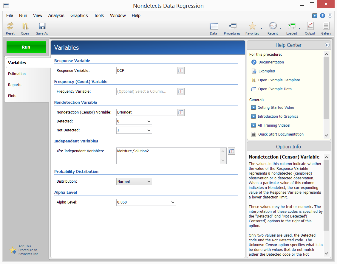 Nondetects-Data Regression - Procedure Window Nondetects-Data Regression - Procedure Window