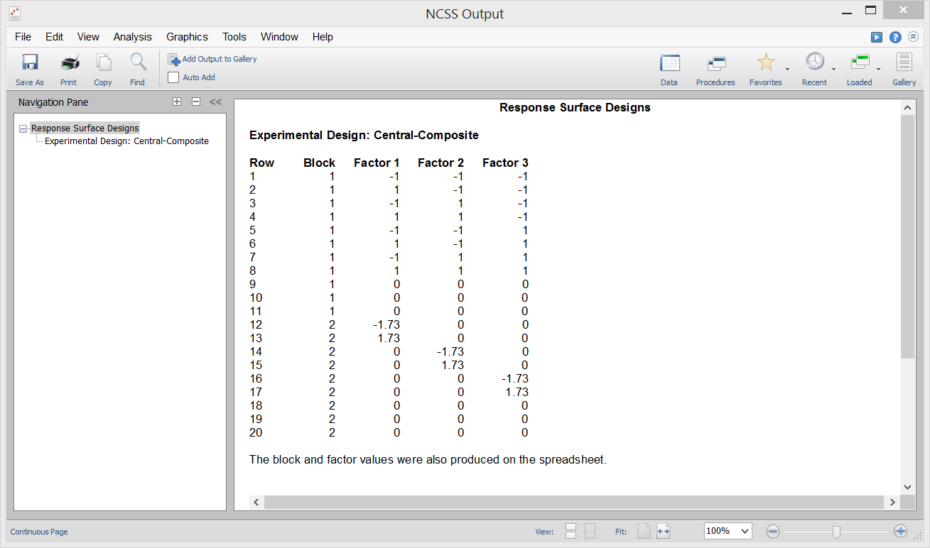 Response Surface Designs - Sample Output Response Surface Designs - Sample Output