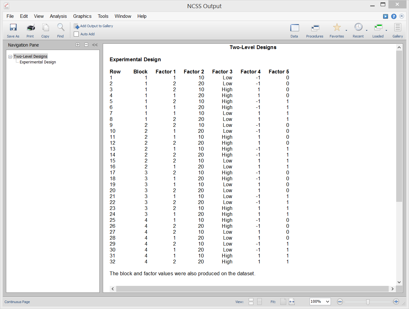 Two-Level Designs - Sample Output Two-Level Designs - Sample Output